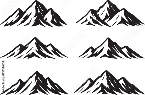 Mountain Ridge Icon Set – Black and White Vector Peaks.