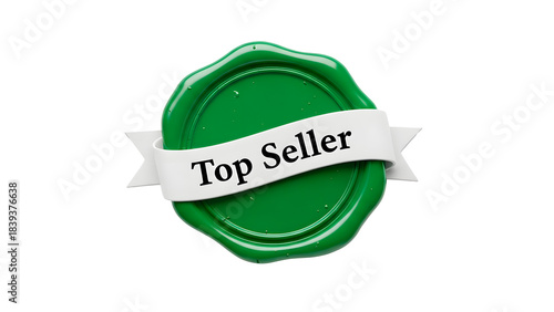 Green wax seal stamp with a white ribbon banner displaying the text top seller isolated on transparent background