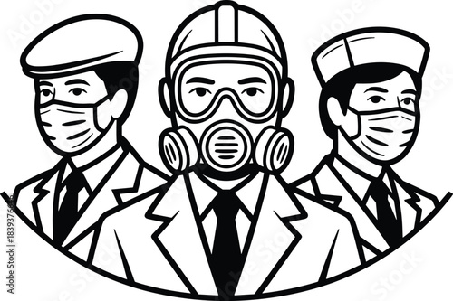 Vintage Retro Masked Workers Safety Team Illustration with Gas Mask and Protective Face Coverings