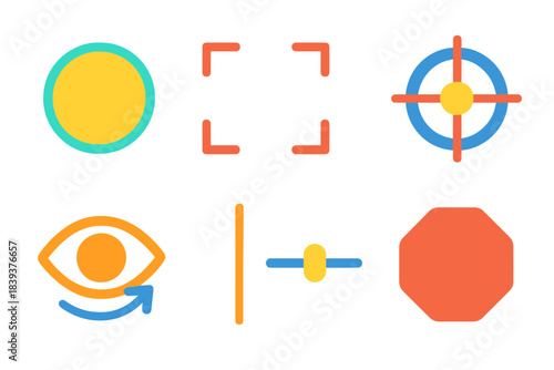 Modern Attention Icons. Visual Attention Cues flat set: bold highlight, framing brackets, zoom ring, crosshair dot, visibility arrow, sharp focus line, clarity slider, isolated