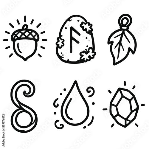 Enchanted Woodland Icons. Enchanted Woodland Relics linear set: luminous acorn, mossy rune stone, fluttering petal charm, curled twig loop, mist droplet, forest glow gem.