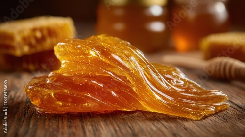 Golden Honey with Smooth Texture on Rustic Wooden Table Surface