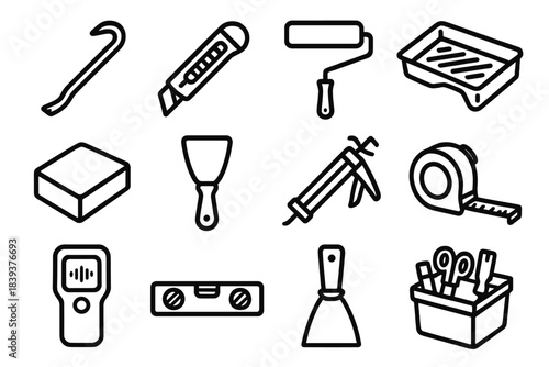 Toolset Icons. Remodeling Toolkit Set linear set: crowbar, box cutter, roller brush, paint pan, sandpaper block, filler spatula, sealant gun, metric tape, wall scanner, bubble