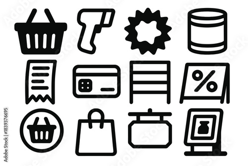 Brutalist Store Icons. Store Visit Themes silhouette set: grocery basket, scanner gun, sale sticker, product tin, paper receipt, loyalty chip card, display rack, offer card, basket