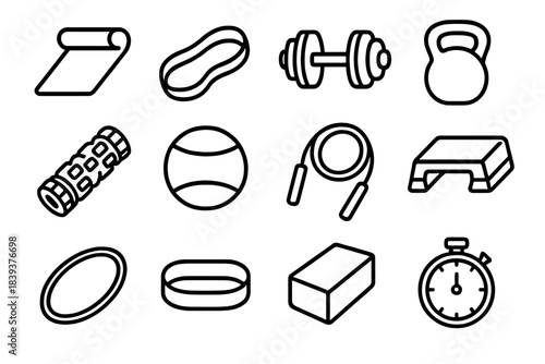 Home Workout Icons. At-Home Workout Gear linear set: exercise mat, pull band, adjustable dumbbell, kettlebell icon, trigger-point roller, stability ball, speed rope, step bench,