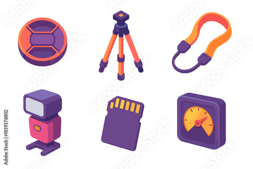 3D Camera Accessories. Camera Accessories flat isometric set: lens cap, tripod, camera strap, external flash, memory card, accessory gauge.
