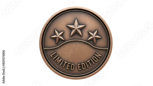 Bronze limited edition coin or badge featuring three stars above curved text isolated on transparent background