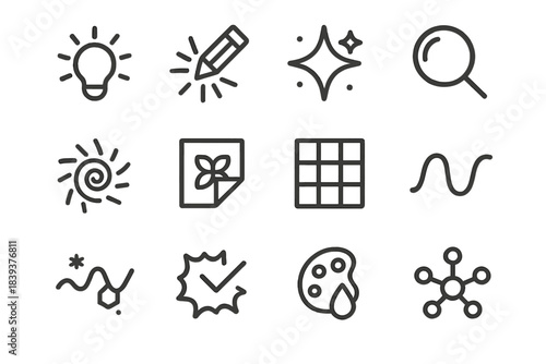 Creative Icons Collection. Creative Discovery Icons linear set: idea burst, sketch reveal, concept spark, creative lens, inspiration swirl, motif uncover icon, design grid,