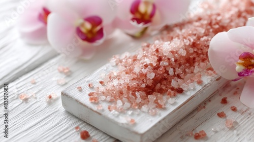 Wallpaper Mural Pink Himalayan Salt with Orchid Flowers on a White Wooden Surface Torontodigital.ca