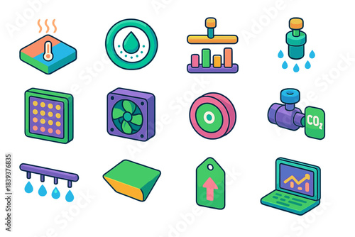 Greenhouse System Icons. Precision Greenhouse Ecosystems flat isometric set: thermal balance tile, humidity node ring, nutrient scheduler bar, micro-spray nozzle, tunable light