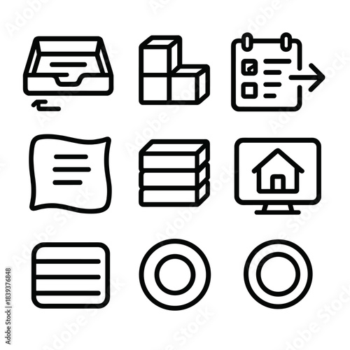 Dynamic Home Icons. Dynamic Home Routine linear set: shifting tray, modular block, planning card, task arrow, flexible panel, organized stack, room cue, tidy ring.