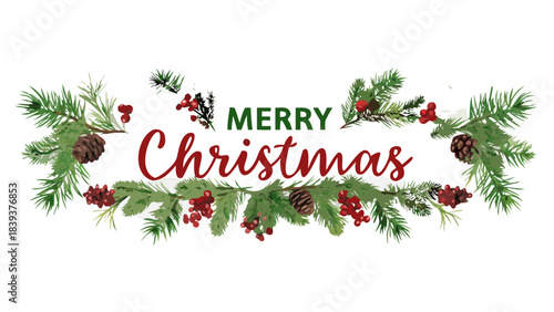 Xmas nature design border, text Merry Christmas, white background. Green pine, fir twigs, cones, red berries. Vector illustration. Greeting banner template. Winter holidays forest .vector icon