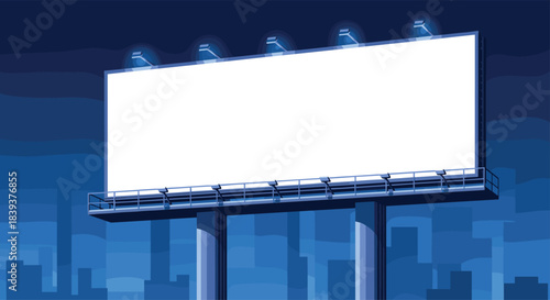 Blank white billboard with lights shining on it at night against a dark blue city skyline for advertising mockup.