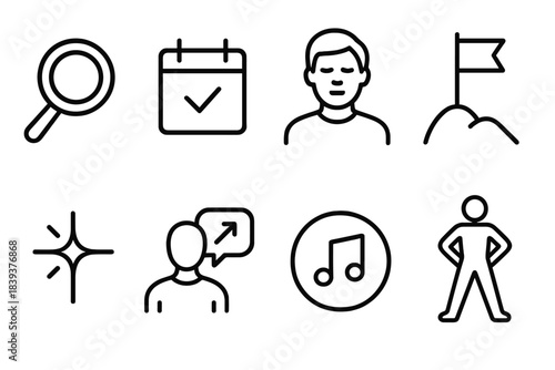 Icons of Intent. Intentional Motivation Set linear set: focus lens, routine anchor, quiet resolve icon, milestone flag, clarity spark, self-guidance bubble, steady rhythm circle,