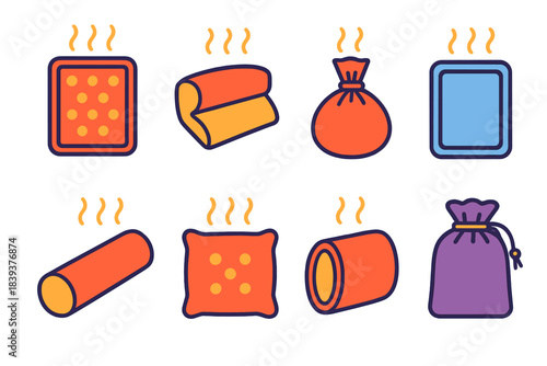Thermal Comfort Icons. Thermal comfort aids flat set: heated gel pack, soft wrap band, herbal warmer, reusable compress, warming roll, comfort cushion, heat sleeve, carry pouch.