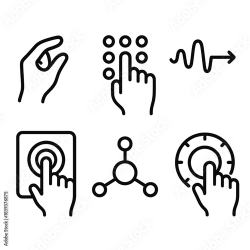 Gesture Control Icons. Gesture Communication Tools linear set: pinch gesture icon, tap sequence tile, pressure wave arrow, interactive touch pad, signal feedback node, precision