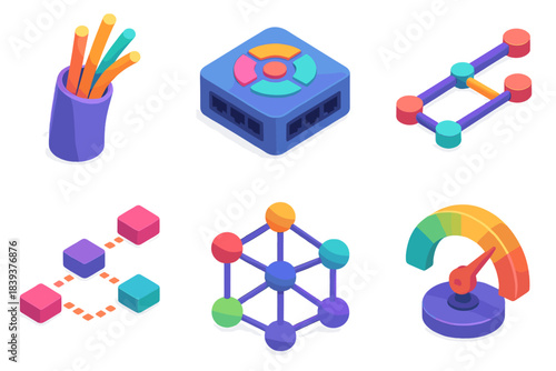 Isometric Digital Infrastructure Icons. Digital Infrastructure Elements flat isometric set: fiber link strand, central switch tile, connection bus, data packet trail, system