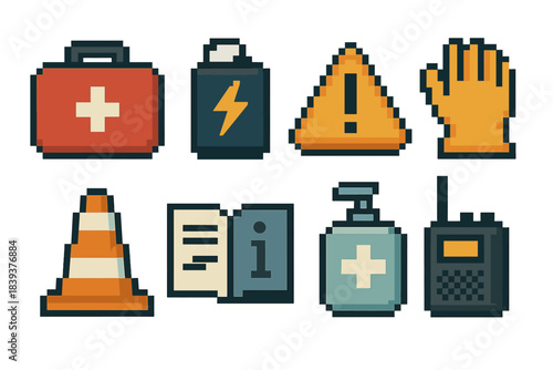 Office Safety Icons. Office readiness elements set of icons in flat pixel vector style: emergency kit, backup power pack, alert symbol, protective gloves, safety cone, info booklet
