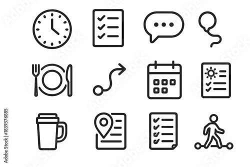 Iconic Daily Planner. Daily Itinerary linear set: clock face, schedule list, meeting bubble, lunch icon, route arrow, calendar block, travel mug, path marker, checklist line, day