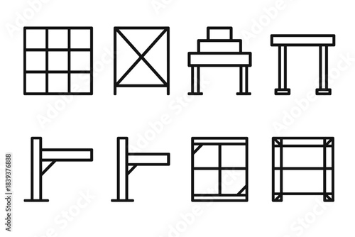 Structural Design Icons. Built Environment Structure Set linear set: grid layout, stability brace, tiered structure, vertical support, horizontal span, structural diagram,