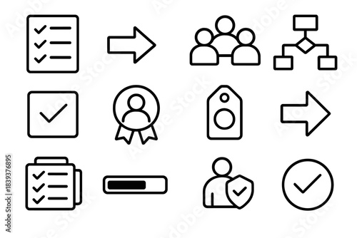 Task Management Icons. Task Distribution linear set: task list, assignment arrow, team icons, workflow chart, checklist box, role badge, priority tag, delegation arrow, task bundle