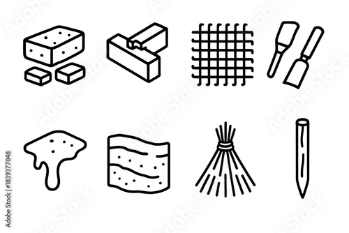 Traditional Building Icons. Cultural building practices linear set: adobe block, timber mortise joint, hand-woven mat, stone chisel tool, natural resin seal, earthen wall layer,