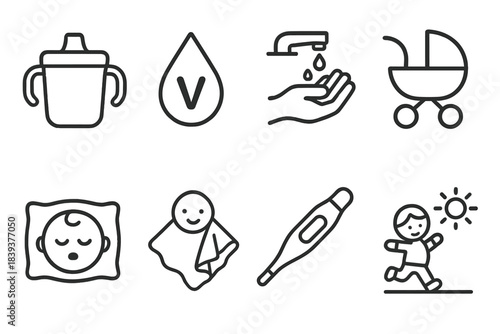Child Health Icons. Early Childhood Health Set linear set: hydration cup, vitamin drop, handwashing icon, stroller silhouette, nap pillow, comfort blanket, gentle thermometer,