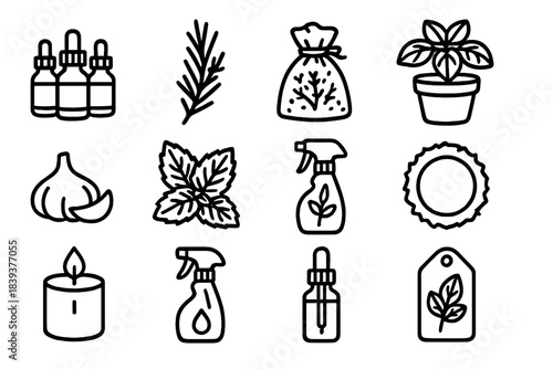 Herbal Pest Control Icons. Plant-Based Pest Control Suite linear set: essential oils trio, rosemary branch, thyme pouch, basil pot, garlic clove icon, mint leaves, herbal mist