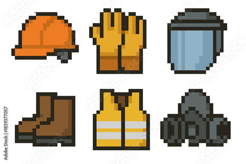 Safety Gear Icons. Protective Clothing & Equipment set of icons in flat pixel vector style: safety helmet, protective gloves, face shield, high-visibility vest, safety boots,