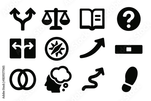 Decision & Reflection Icons. Decision & Reflection Balance silhouette set: fork-in-path icon, weighing scale, reflection journal, mindful question mark, balanced options tiles,