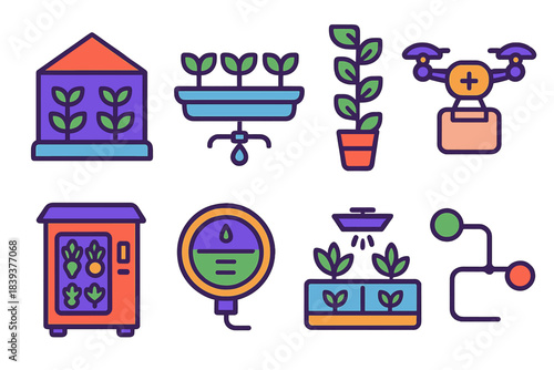 Urban Food Revolution Icons. Urban food innovation flat set: smart greenhouse tile, hydroponic tray, vertical planting bar, robotic delivery drone, local pantry node, nutrient flow