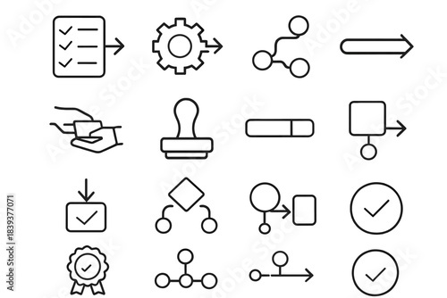 Operational Workflow Icons. Operational Steps linear set: workflow arrows, task list, process gear, step-by-step path, handoff icon, approval stamp, progress bar, checklist box,