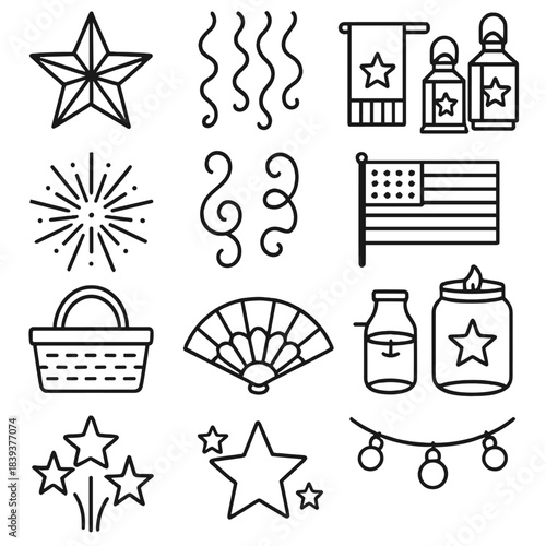 Festive Decor Icons. Independence Day Decor Set linear set: paper stars, hanging streamers, table runner, lantern trio, firework burst, ribbon swirls, porch flag motif, candle jar,