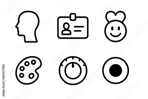 Digital Persona Icons. Digital Persona Building linear set: profile silhouette, username tag, interest icons, style palette, tone dial, presence indicator.
