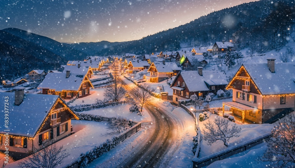 Fototapeta premium Cozy Alpine Village Blanketed in Snow During a Magical Winter Evening