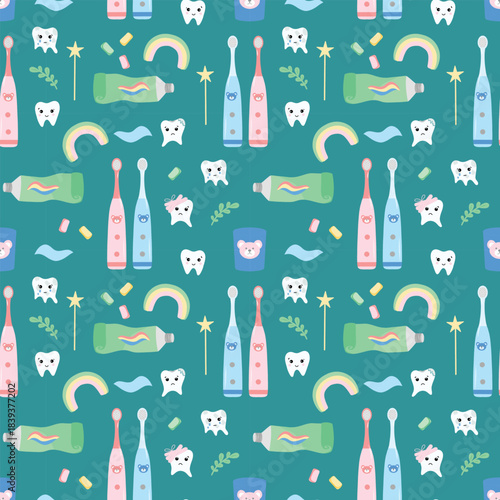 Dental health pattern, oral care background. Tooth and toothbrush seamless pattern, dental background