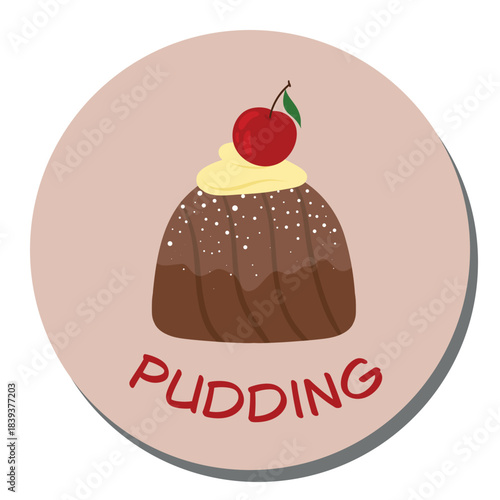 Pudding badge icon, dessert sticker. Round pudding icon, sweet treat label. Pudding emblem, dessert sticker vector