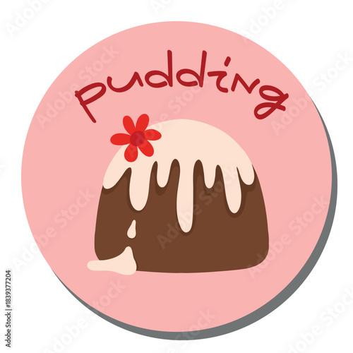 Pudding badge, pink dessert label. Sweet pudding icon, round sticker design. Custard pudding emblem, dessert vector