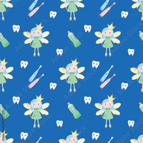 Tooth fairy pattern, kids dental background. Fairy and tooth seamless pattern. Magical tooth pattern, pastel children background