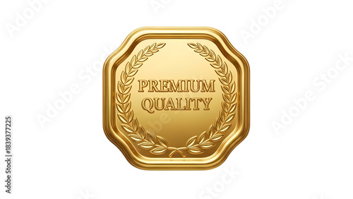 Shiny gold premium quality seal or emblem with laurel wreath isolated on transparent background
