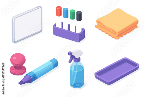 3D Writing Tools Set. Writing surface tools flat isometric set: whiteboard panel, color marker set, board eraser, cleaning cloth, magnetic pin, refillable marker, spray cleaner,