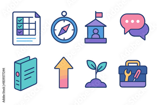 Career Progress Icons. Career Progress Framework isometric flat set: structured plan sheet, capability compass, training hub icon, feedback dialogue, project binder, promotion