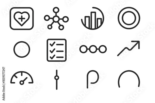 Holistic Health Icons. Holistic Health Coordination Maps linear set: care overview tile, multi-factor node, wellbeing bar, treatment-phase ring, mental-state dot, lifestyle panel