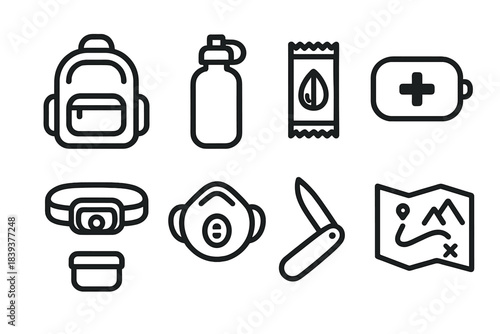 Essential Emergency Kit. Emergency Grab Kit linear set: small pack, hydration bottle, protein snack, mini meds pouch, headlamp, safety mask, pocket knife, map slip.