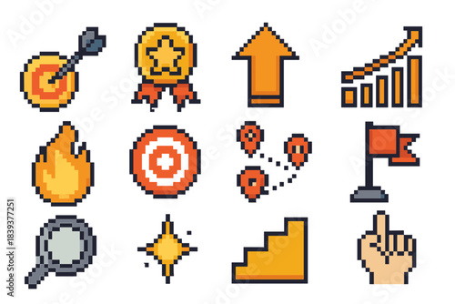 Achievement Icons Set. Achievement Goal pixel style set: goal dart, success badge, upward arrow, progress chart, determination flame, target ring, guided markers, milestone flag,