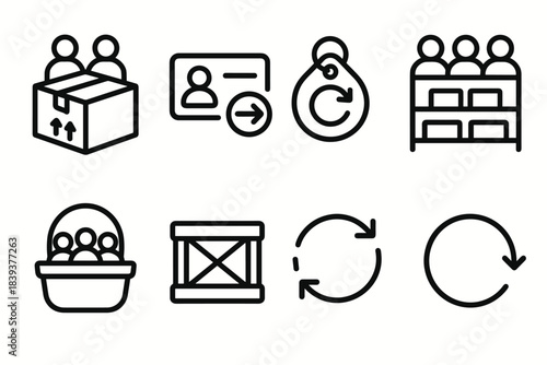 Collaboration Icon Set. Collaborative Resource Items linear set: shared box, lending card, borrow-return tag, supply hub, exchange route icon, group support basket, common-use