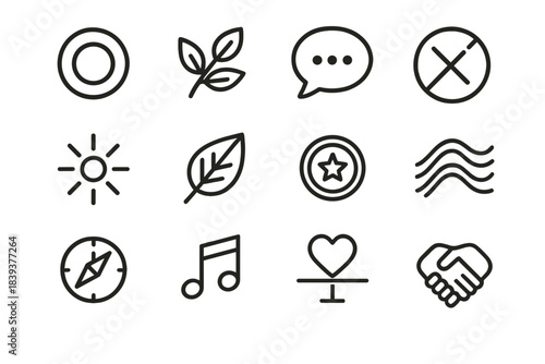 Ethical Lifestyle Icons. Ethical Lifestyle Icons linear set: harmony ring, kindness branch, thoughtful speech bubble, respectful space symbol, courage beam, stewardship leaf, value