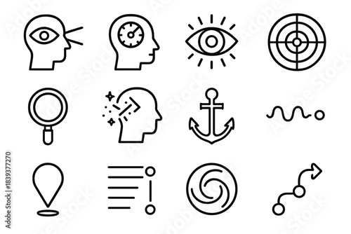 Cognitive Focus Icons. Cognitive Focus Practices Set linear set: attention beam, concentration dial, mindful gaze icon, focus target, clarity lens, distraction filter, task anchor,