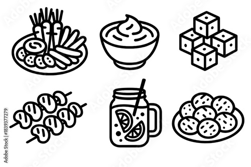 Independence Day Snacks. Independence Day Outdoor Snacks linear set: veggie platter, dip bowl, melon cubes, grilled mushrooms, cool drink jar, roasted potatoes.