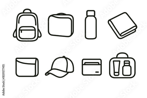 Minimalist Travel Essentials. Minimalist travel gear linear set: compact backpack, packing cube, travel bottle, lightweight towel, slip-on pouch, foldable cap, card wallet, mini